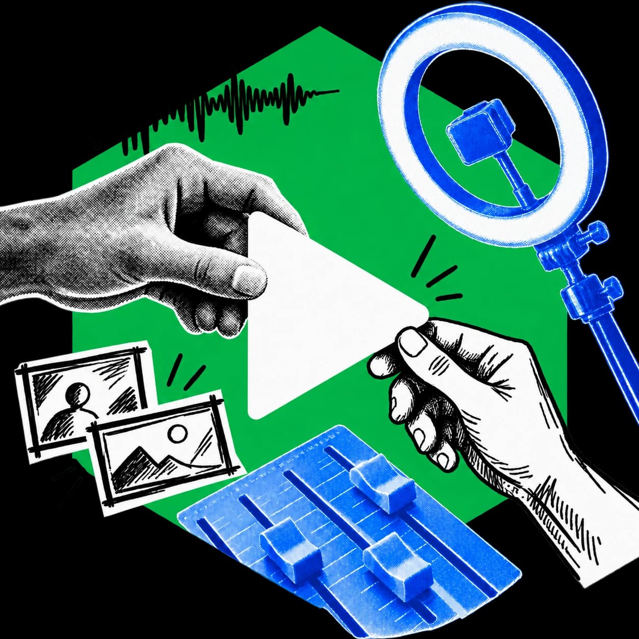 MRU Creator Studio — collage of two hands adjusting a play button on a green hexagon