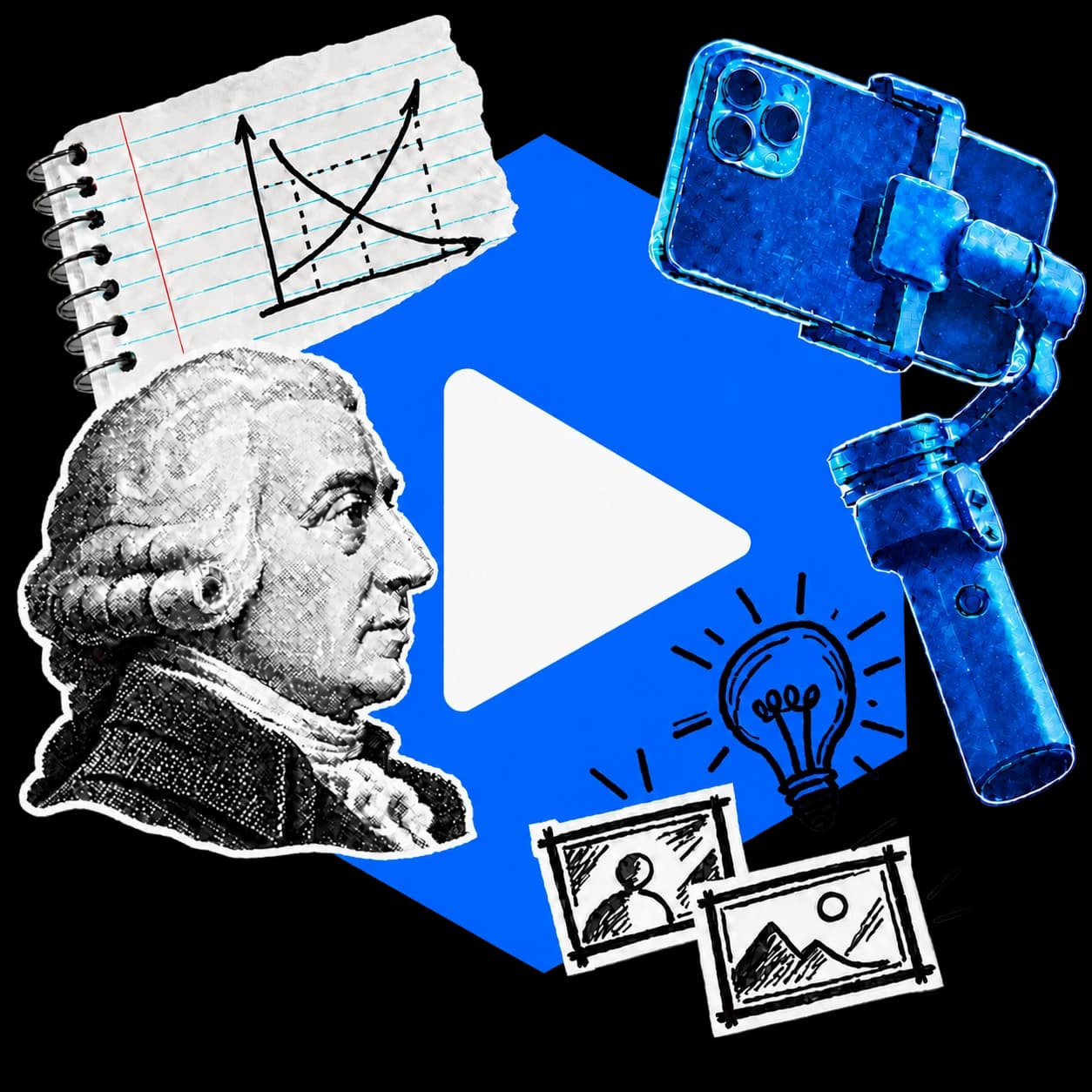 MRU Young Economists Society — collage of Adam Smith beside a blue hexagon play button