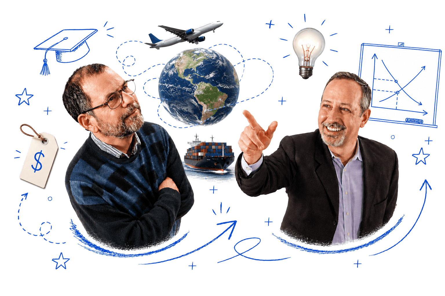 MRU founders Tyler Cowen and Alex Tabarrok flanking a globe, surrounded by hand-drawn economics doodles — a graduation cap, lightbulb, container ship and supply-and-demand curves