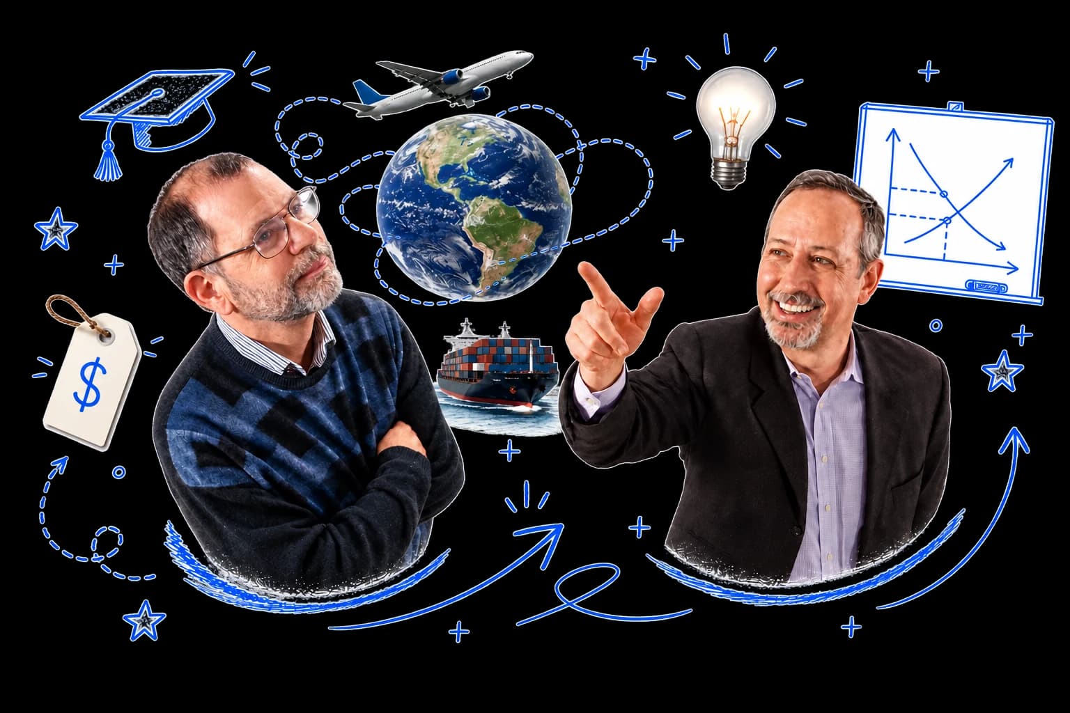 MRU founders Tyler Cowen and Alex Tabarrok flanking a globe, surrounded by hand-drawn economics doodles — a graduation cap, lightbulb, container ship and supply-and-demand curves