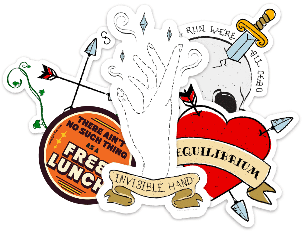 A pile of MRU econ stickers: the Free Lunch badge, Invisible Hand, Equilibrium Heart, supply and demand arrows, and the Long Run skull
